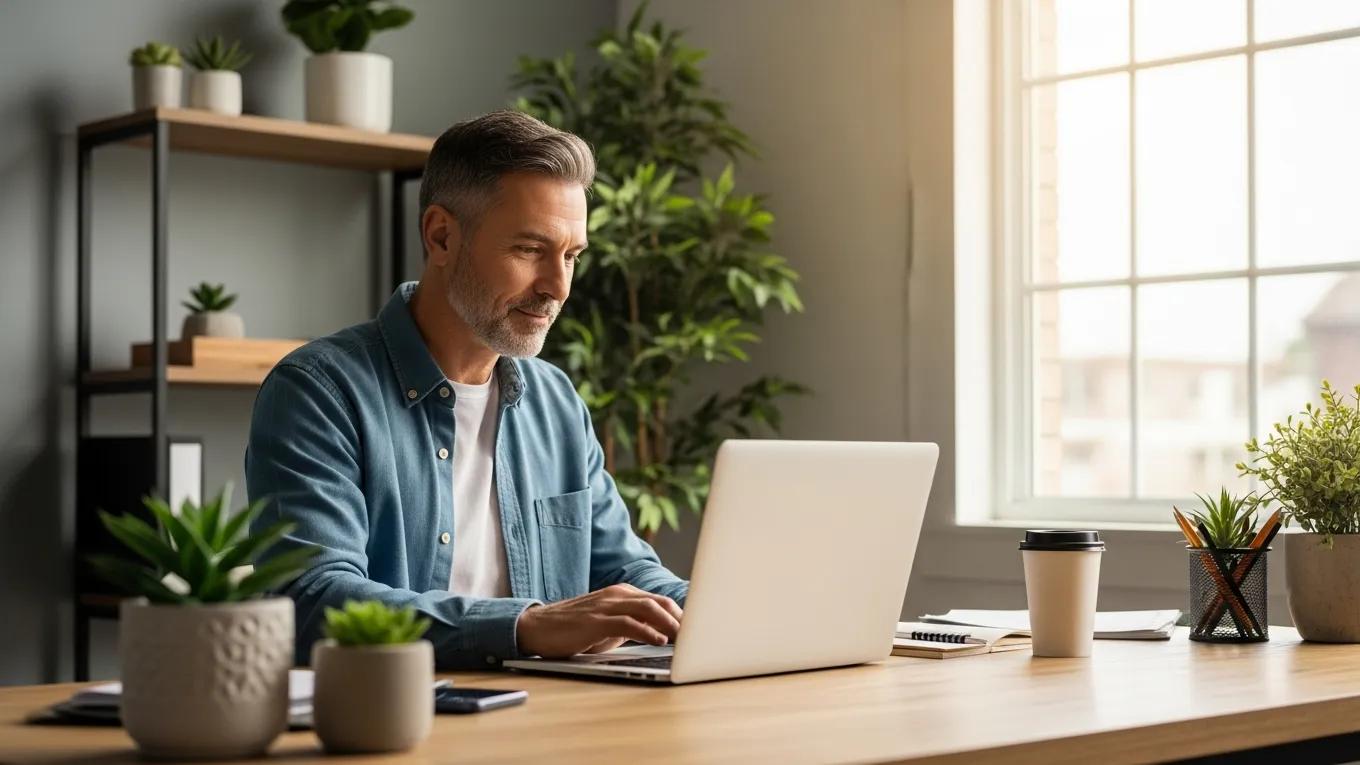 Local small business owner in a cozy office using a laptop, symbolizing personal web maintenance support in the UK.