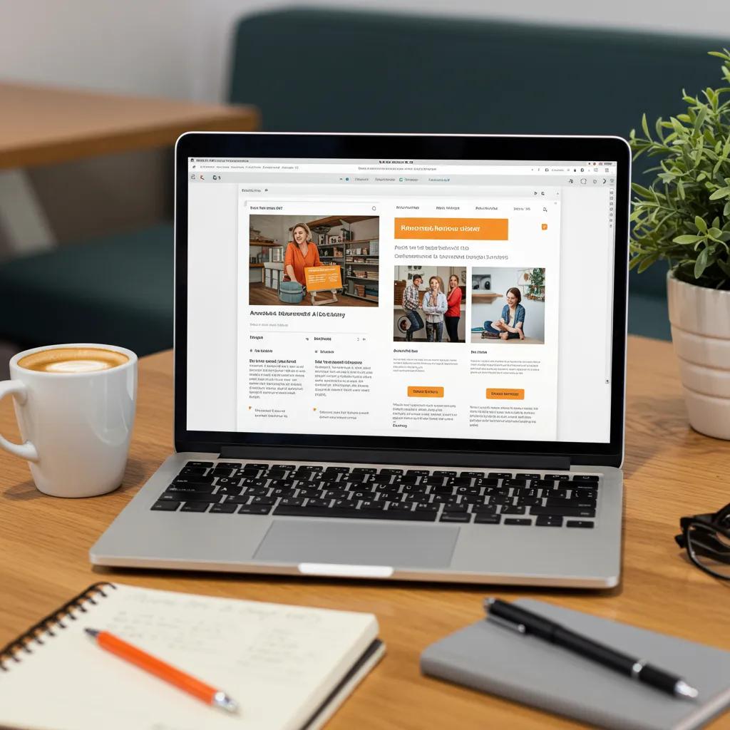 Laptop displaying a modern e-commerce website design in a cosy workspace, featuring a cup of coffee, notepad, and plant, emphasising online business development for local enterprises in Hampshire.