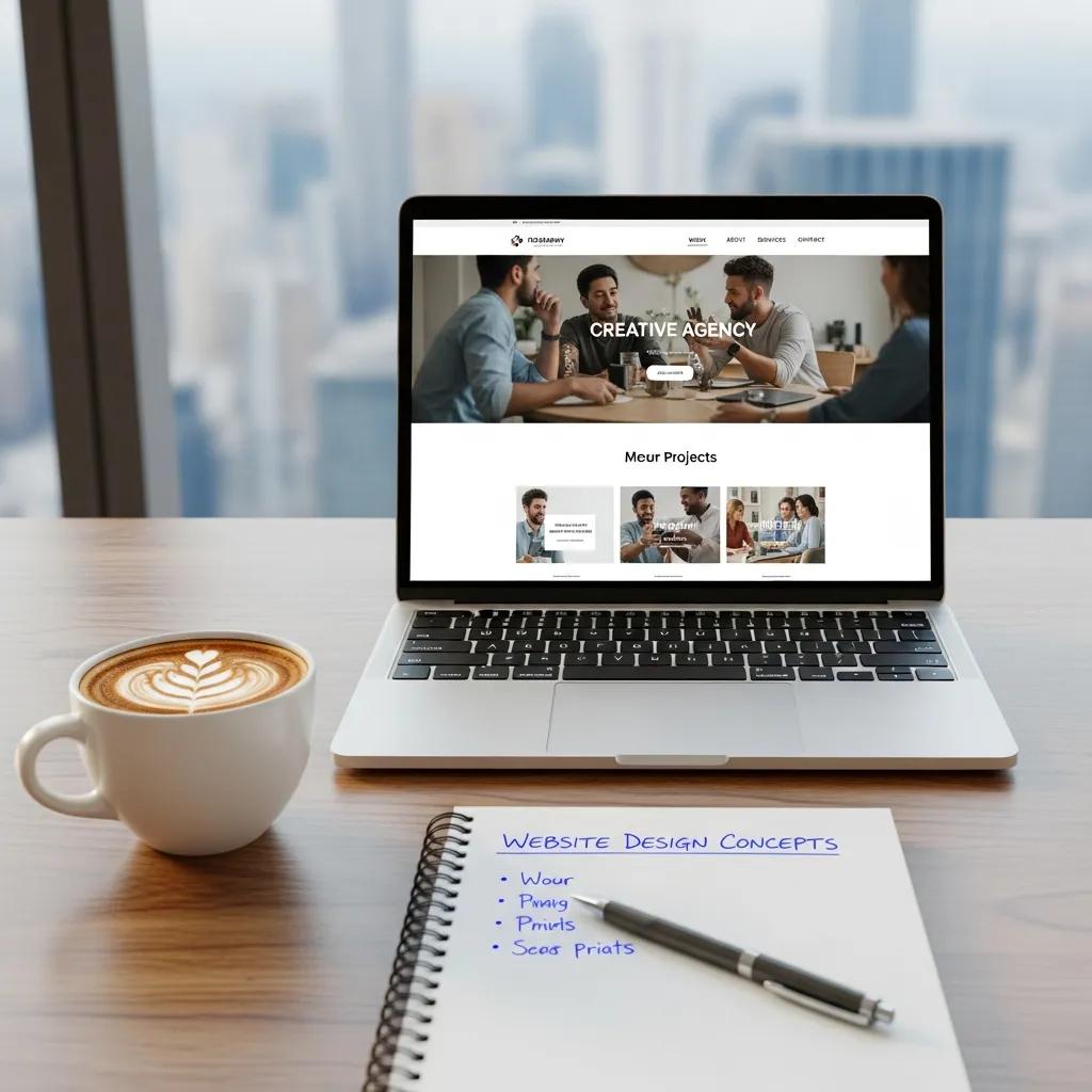 Modern office setup with a laptop showing website design, notepad, and coffee cup