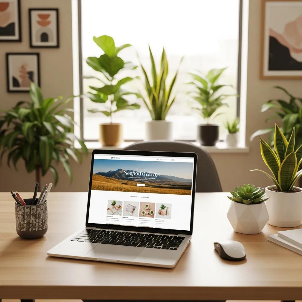 Modern office workspace featuring a laptop displaying a beautifully designed website, surrounded by indoor plants and a stylish desk setup, relevant for discussions on website redesign costs and enhancing online presence for small businesses in Hampshire.