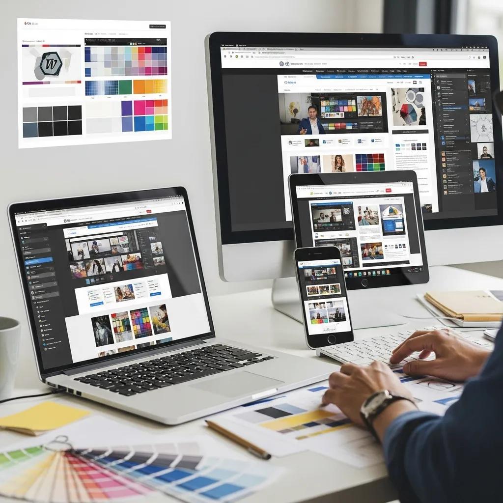 Modern responsive WordPress website design displayed on various devices in a creative workspace