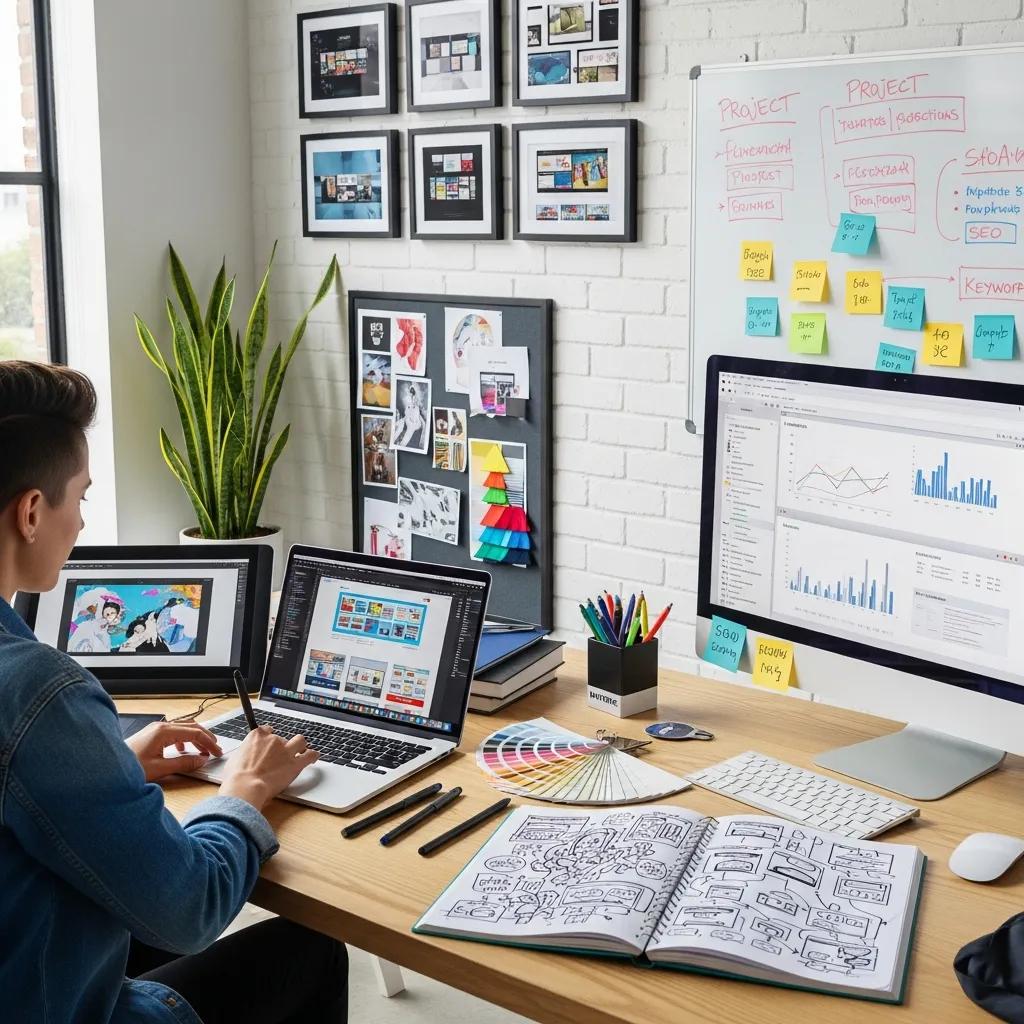 Modern workspace with a designer working on web design projects, emphasizing creativity and digital agency environment