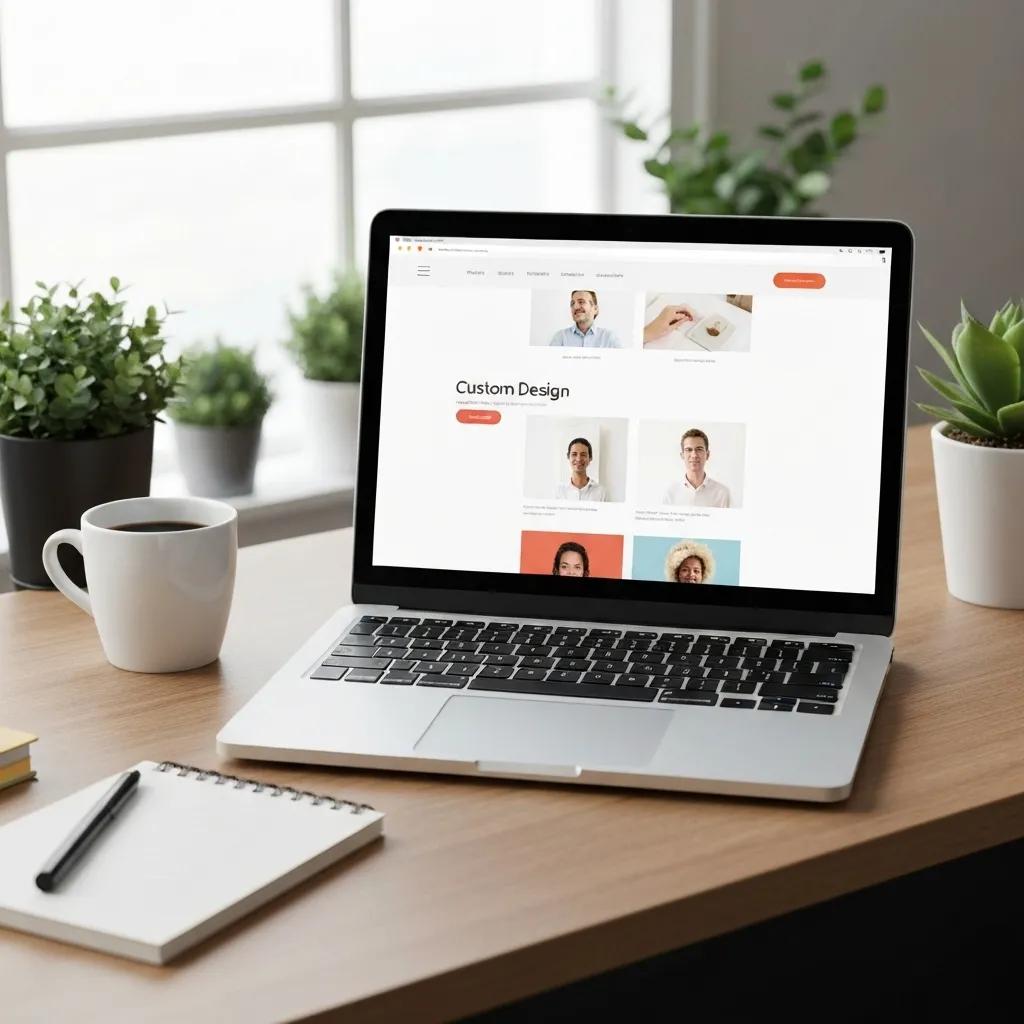Laptop displaying a custom website design with a "Custom Design" button, surrounded by coffee cup, notepad, and plants on a wooden desk, illustrating bespoke web development for businesses.