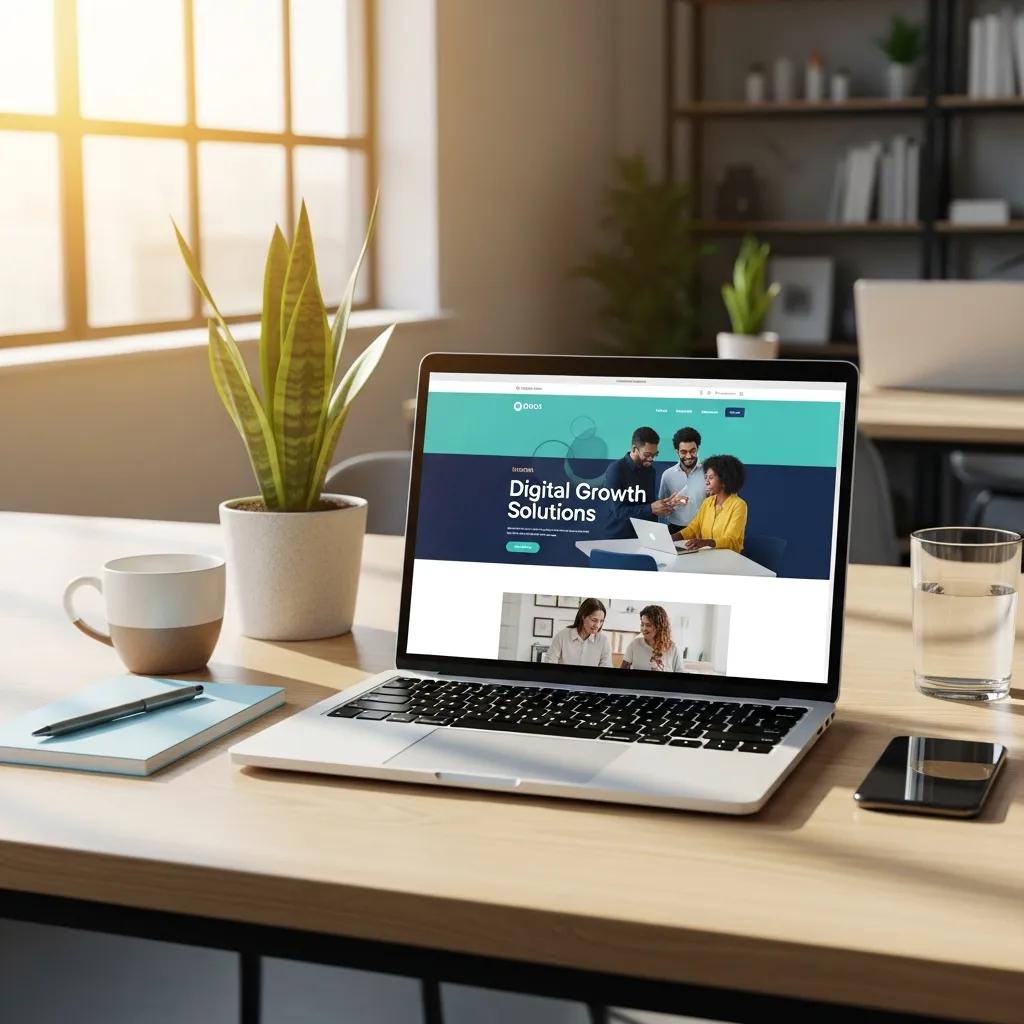 Modern workspace featuring a laptop displaying "Digital Growth Solutions," a coffee cup, notepad, and a plant, symbolising professional web design and digital marketing services in Hampshire.