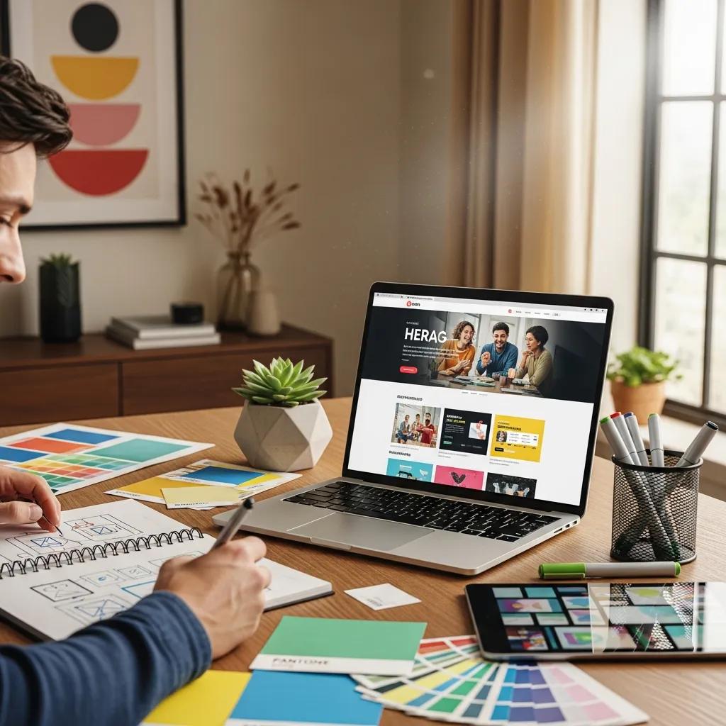 Modern workspace with a laptop showing website redesign, emphasizing creativity and innovation