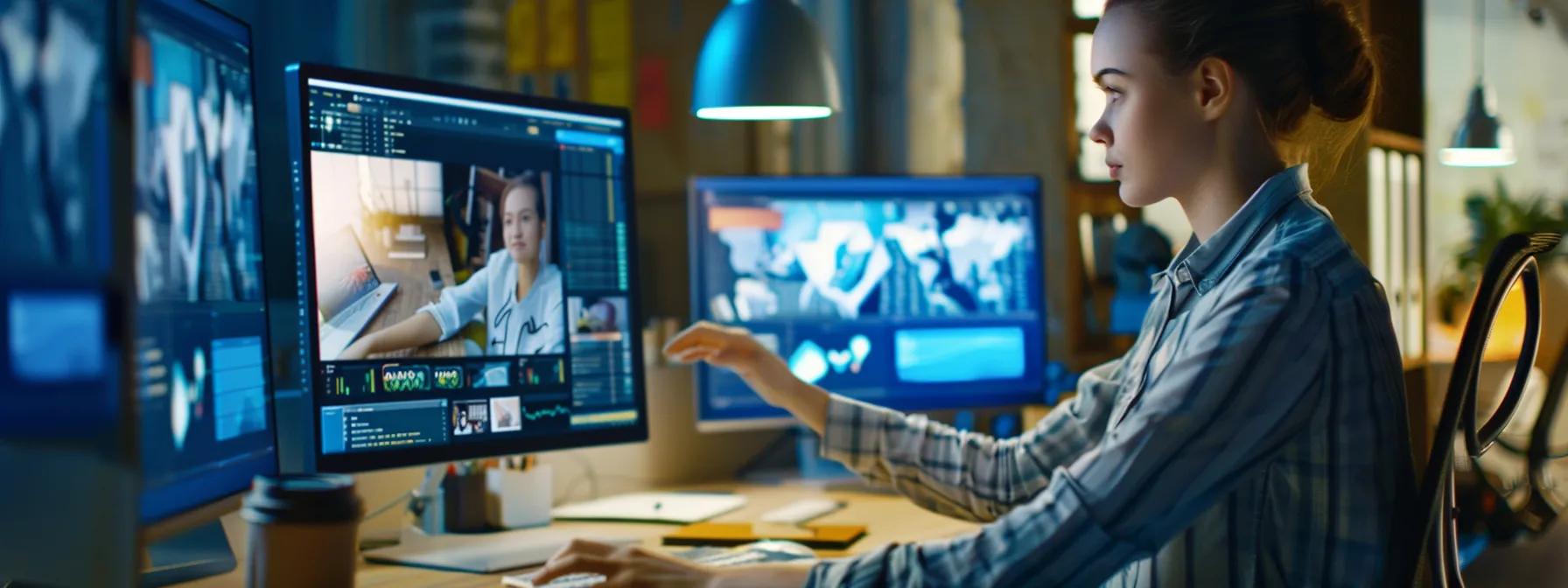 Young woman working on multiple computer screens, editing video content in a creative workspace, illustrating the daily tasks of web designers and developers.