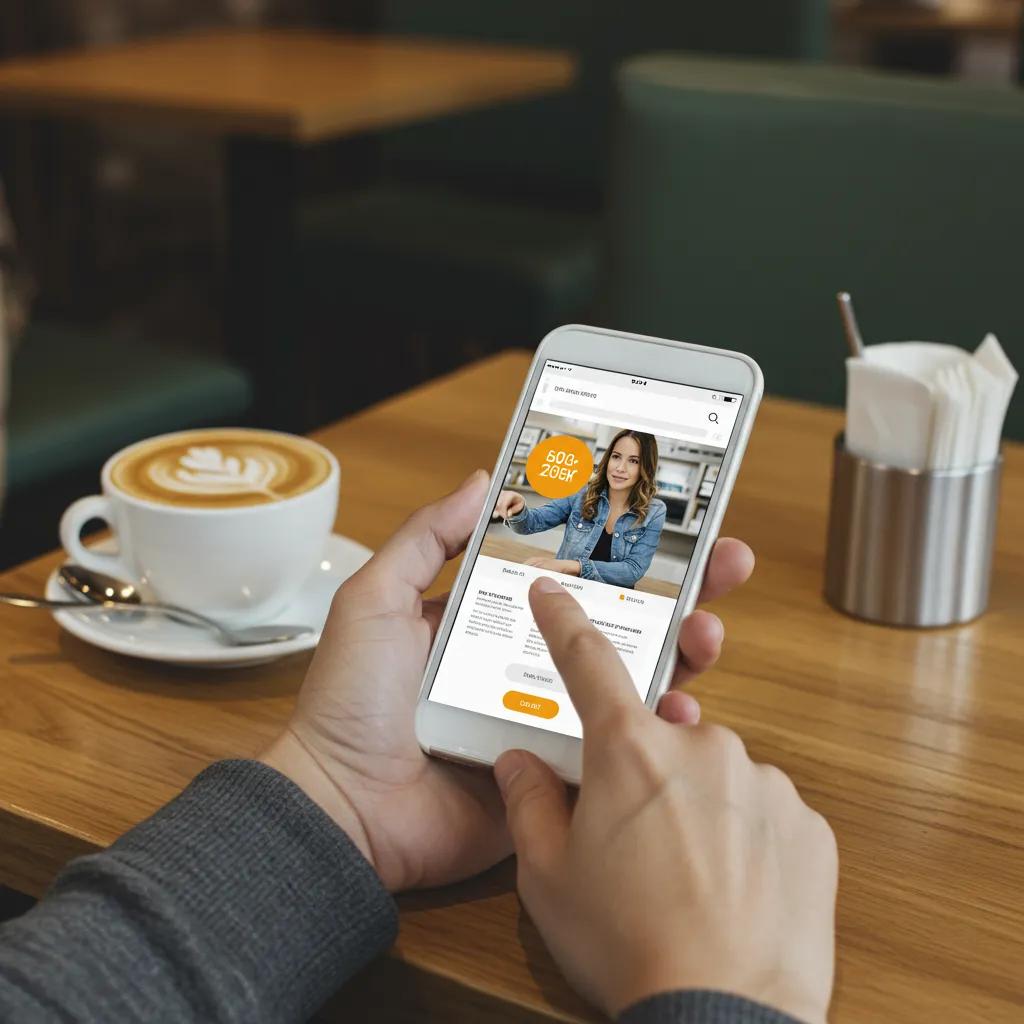 Person using smartphone in a café, engaging with a mobile website, showcasing mobile-first design principles, coffee cup and spoon on wooden table.