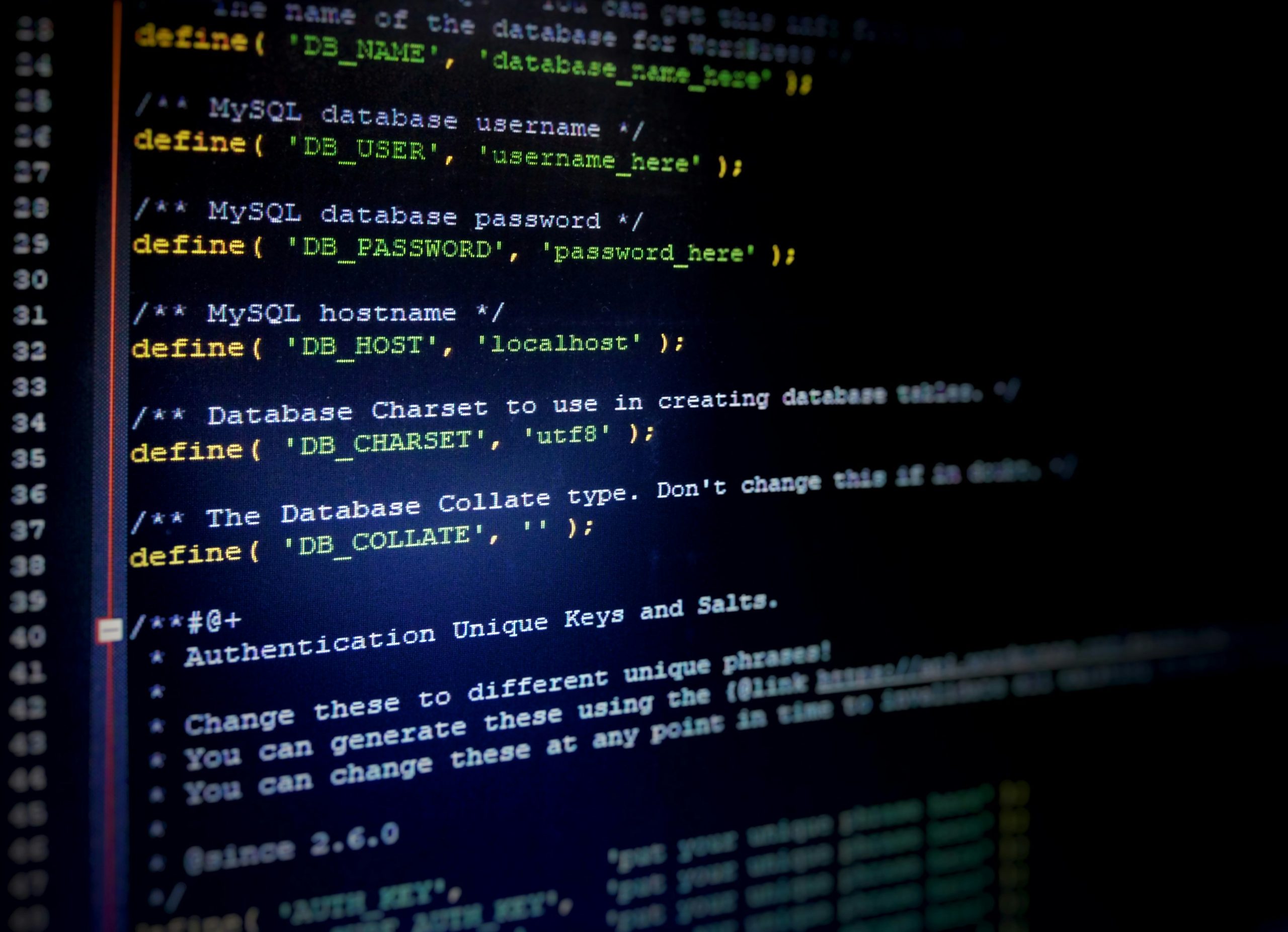 Code snippet showing MySQL database configuration settings, including username, password, hostname, charset, and collation, relevant for custom WordPress theme development and optimisation.