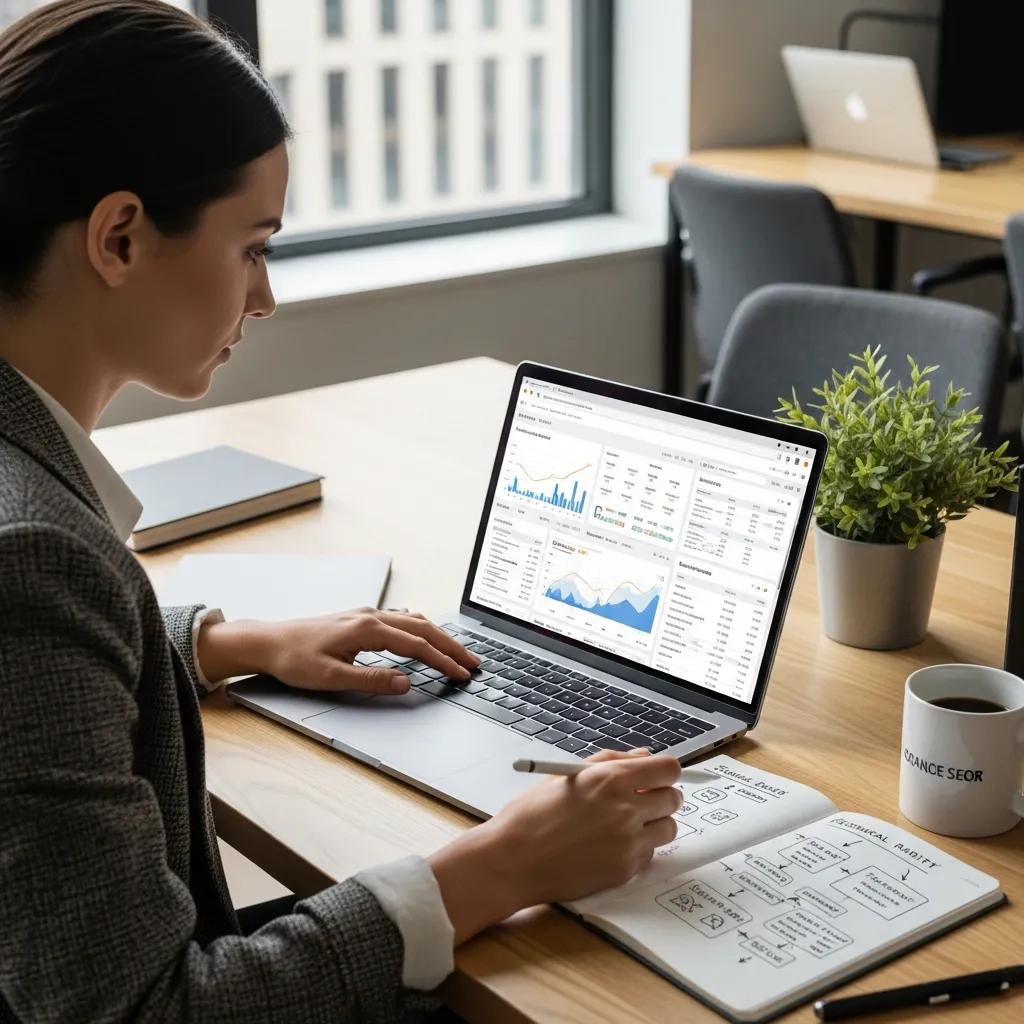 Professional analyzing website performance metrics related to technical SEO audits