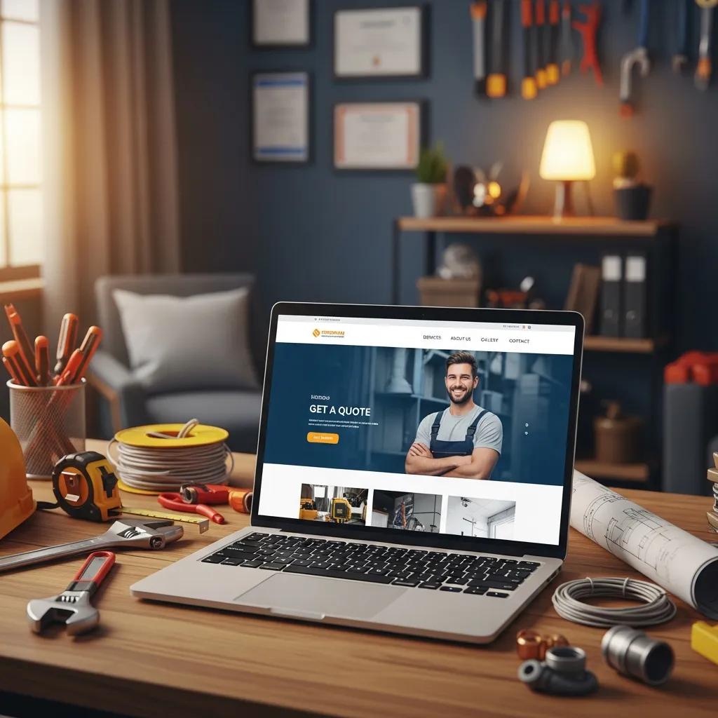 Professional tradesman website displayed on a laptop in a cozy workspace