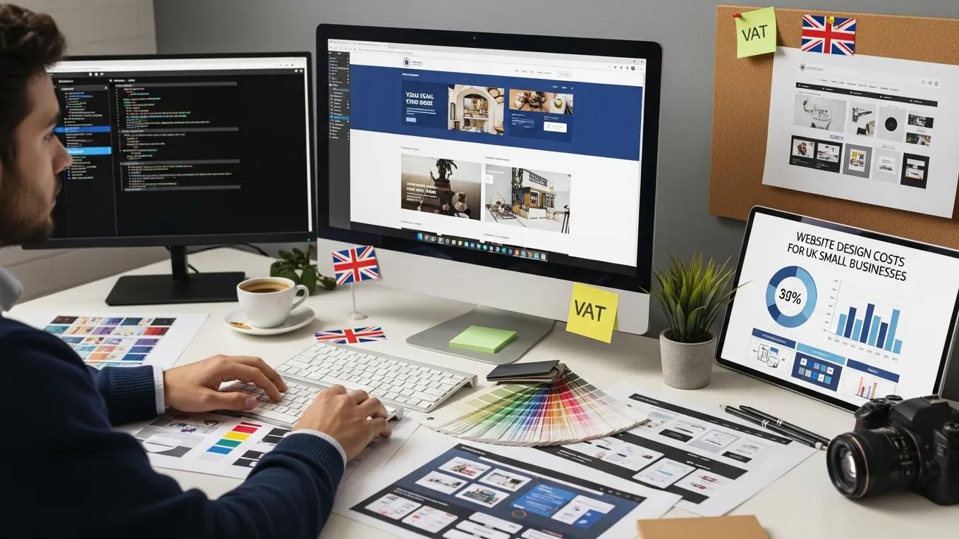 Professional web designer working on a laptop with design tools and elements, illustrating the theme of web design costs in the UK.