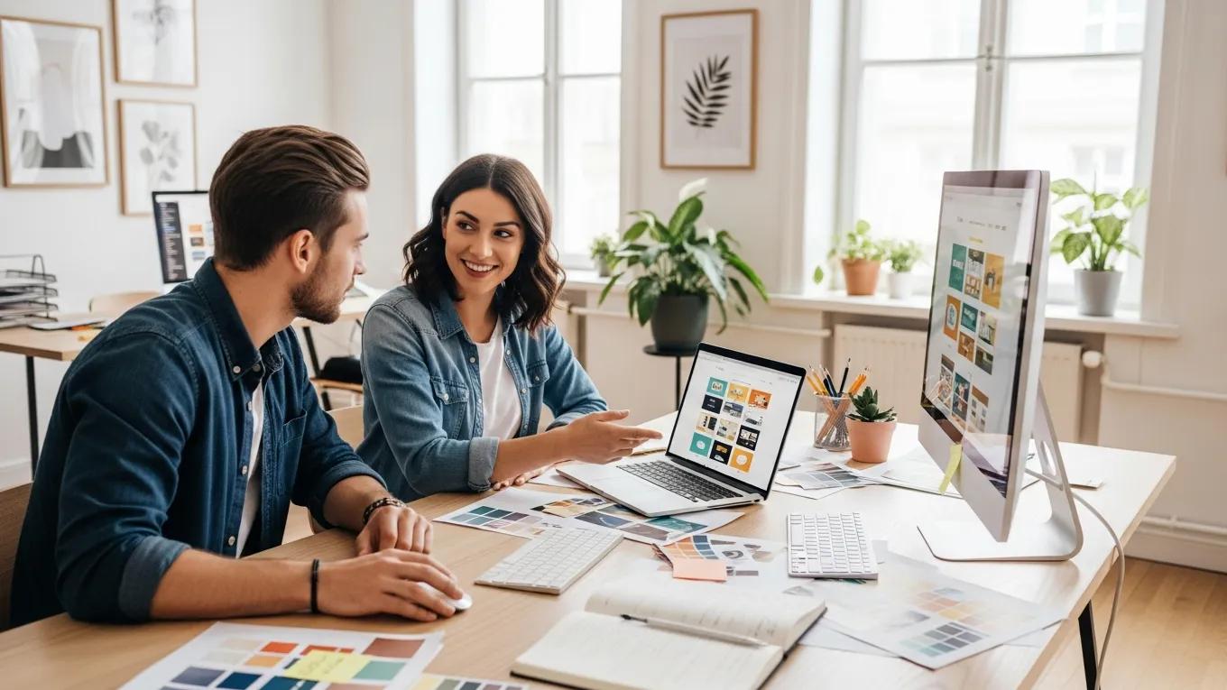 Small business owner collaborating with a web designer in an inviting office space, emphasizing website design discussion