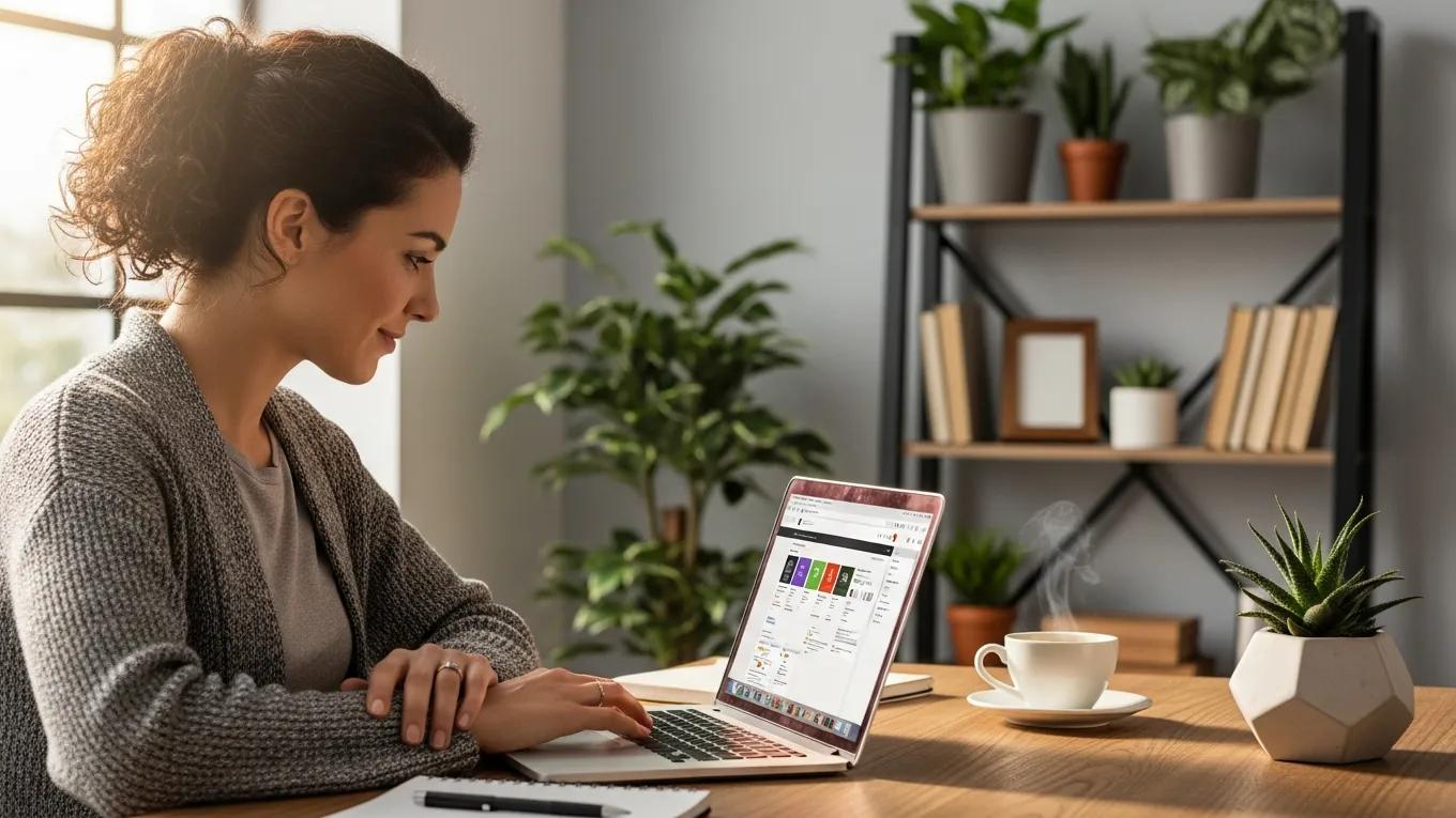Small business owner designing a website on a laptop in a cozy office