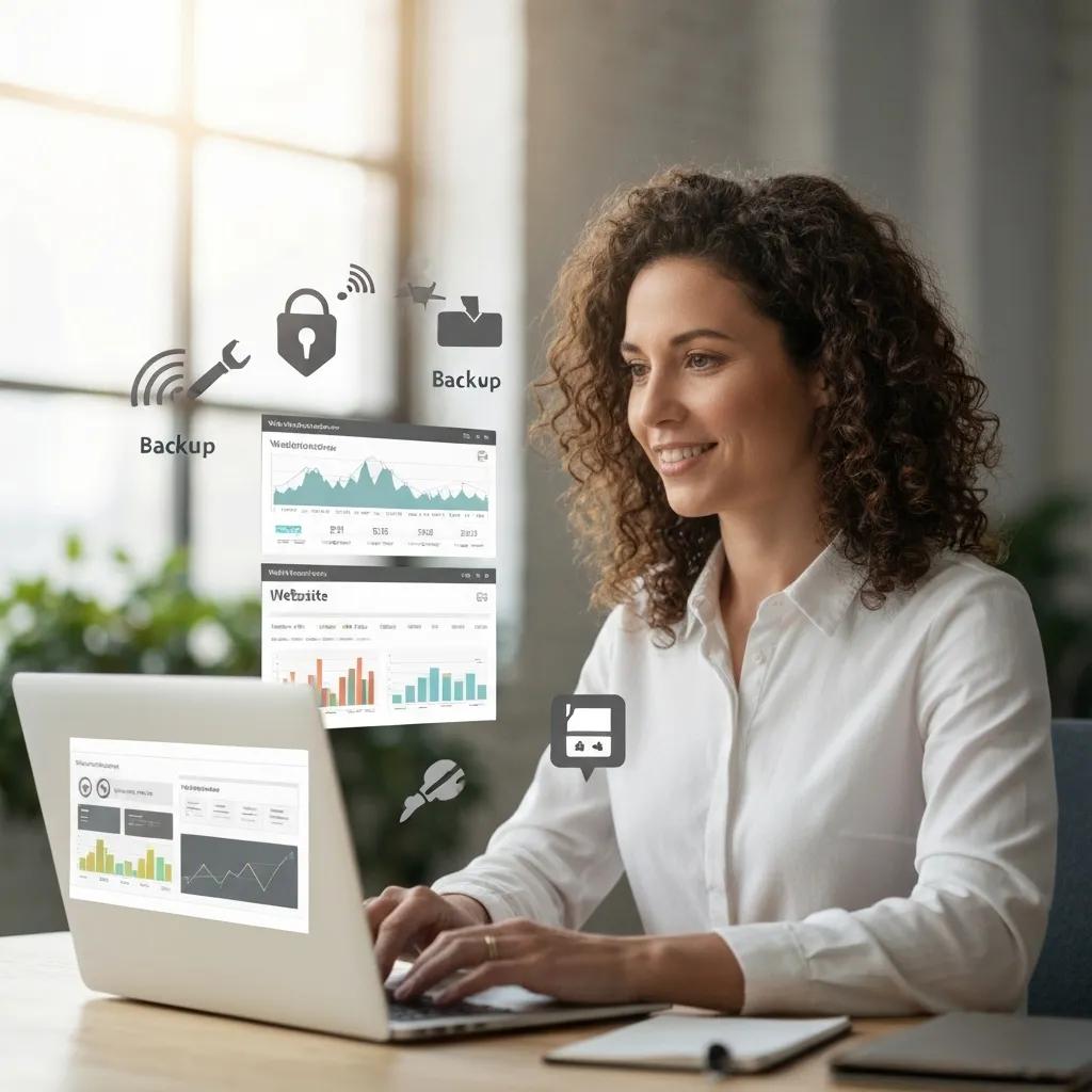Woman managing website maintenance tasks on a laptop, with icons representing security, backups, and performance analytics, reflecting essential website upkeep for small businesses.