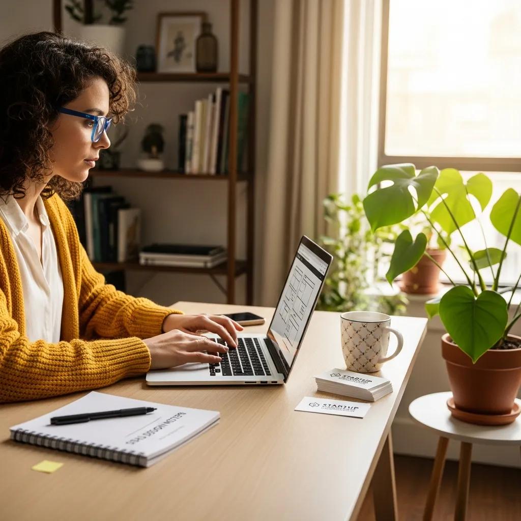 Small business owner working on a laptop in a cozy office, representing affordable web design for startups