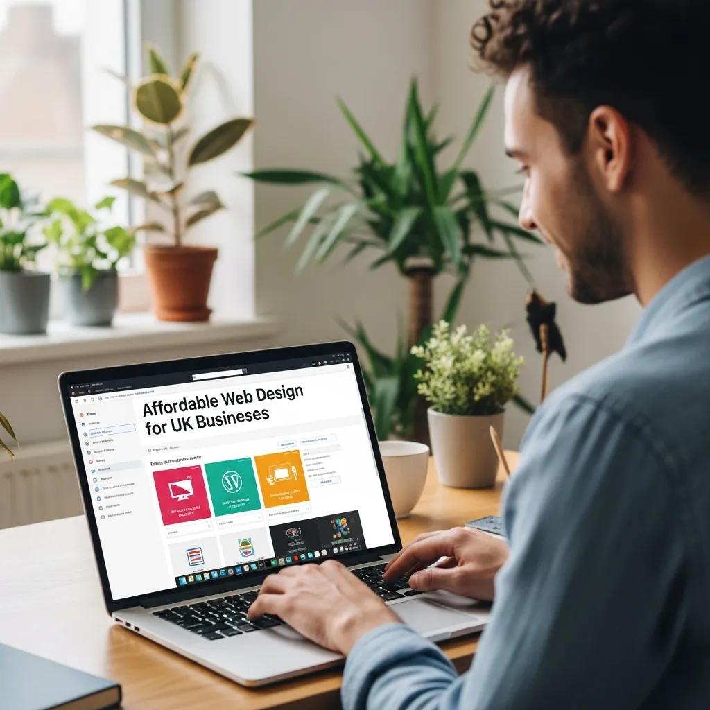 Person working on a laptop displaying "Affordable Web Design for UK Businesses" in a modern office with plants, illustrating web design services for SMEs.
