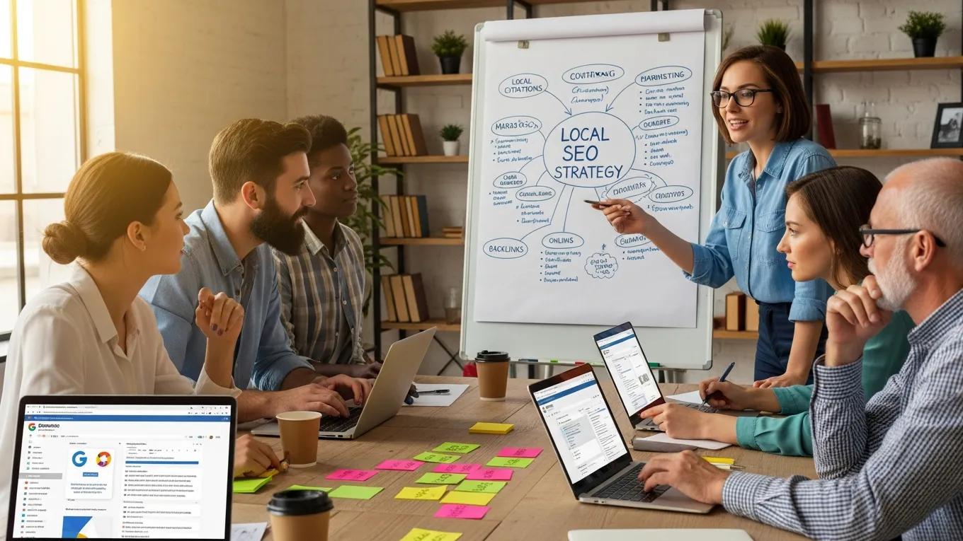 Small business owners collaborating on local SEO strategies in a vibrant workspace