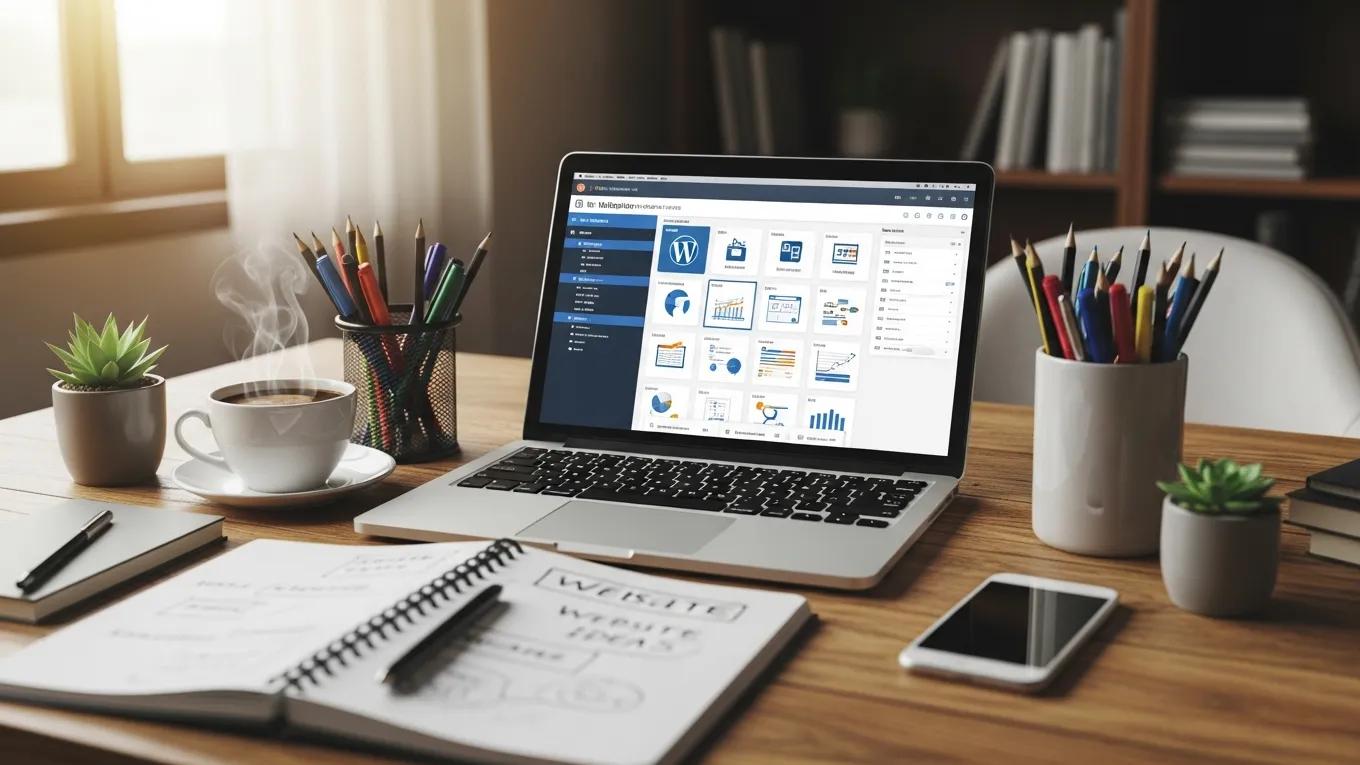 Small business workspace showcasing WordPress on a laptop with office supplies, illustrating digital empowerment for entrepreneurs.