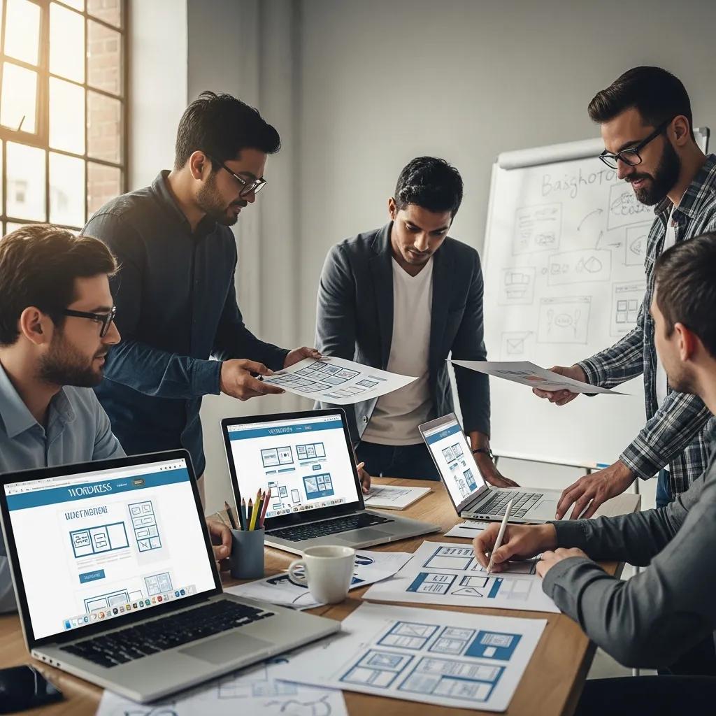 Team of web designers collaborating on a WordPress project in a modern office