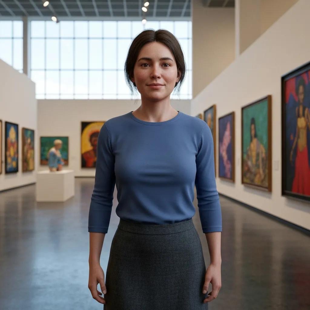 Woman standing in a modern art gallery surrounded by colourful paintings, showcasing a contemporary and professional atmosphere for web design inspiration.