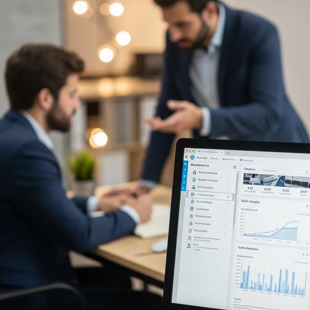 Dashboard displaying website maintenance tools and analytics, with two professionals discussing in a modern office setting, highlighting SEO and ongoing support services for local businesses in Woking.