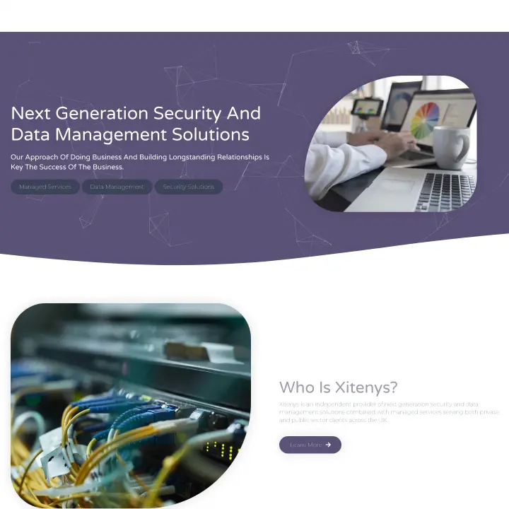 Next generation security and data management solutions with server equipment and network cables, illustrating Xitenys' technical expertise and IT infrastructure capabilities.